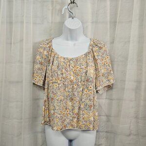 Urban Romantics Yellow Purple Floral Peasant Blouse Cropped Babydoll M